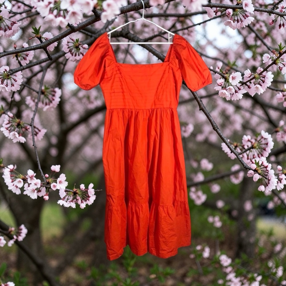 Quince Orange Puff-Sleeve Midi Dress